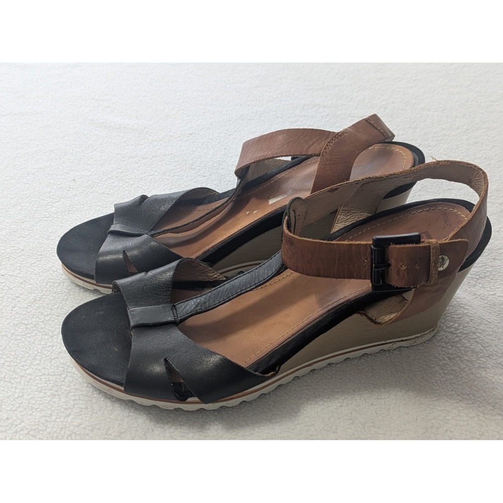 Pikolinos Wedge Sandals T-strap Leather Sz 39‎ Brown Black Sz 8